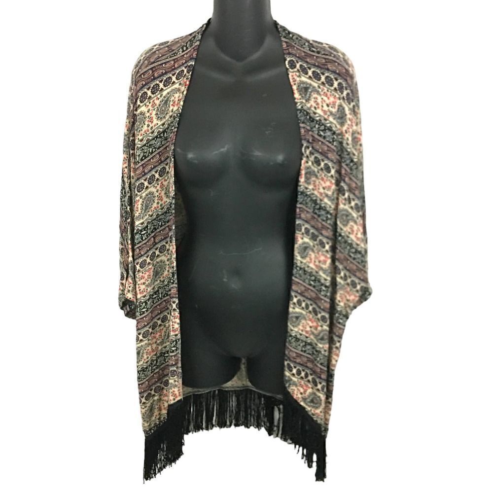 Mauve Open Front Paisley Fringe Cardigan Kimono Coverup Lagenlook